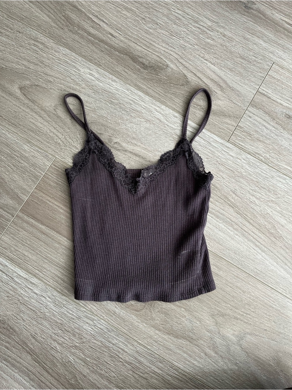 Garage Ribbed Lace-Trim Cami Tank Top - Brown